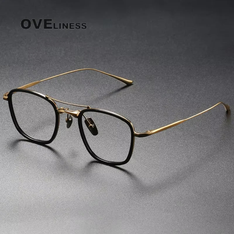 Oveliness Women's Full Rim Square Double Bridge Titanium Acetate Eyeglasses 13523 Full Rim Oveliness black gold  