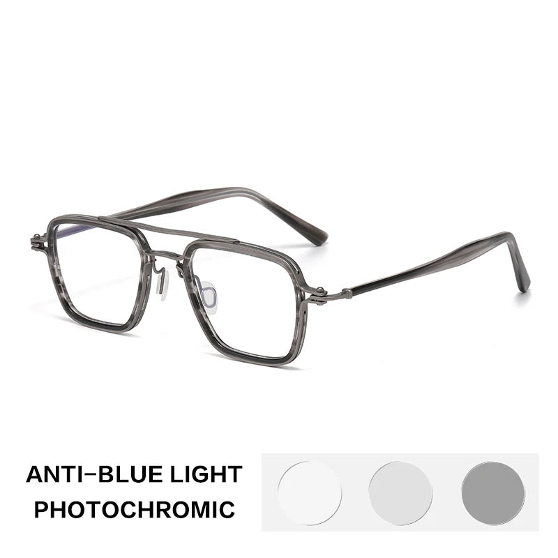 Gatenac Unisex Full Rim Big Square Double Bridge Titanium Acetate Photochromic Reading Glasses 75875