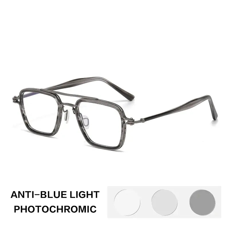 Gatenac Unisex Full Rim Big Square Double Bridge Titanium Acetate Photochromic Reading Glasses 75875.