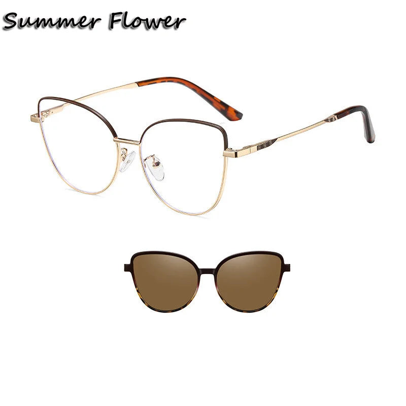 Summer Flower Women's Full Rim Cat Eye Titanium Eyeglasses Clip On Sunglasses 710244