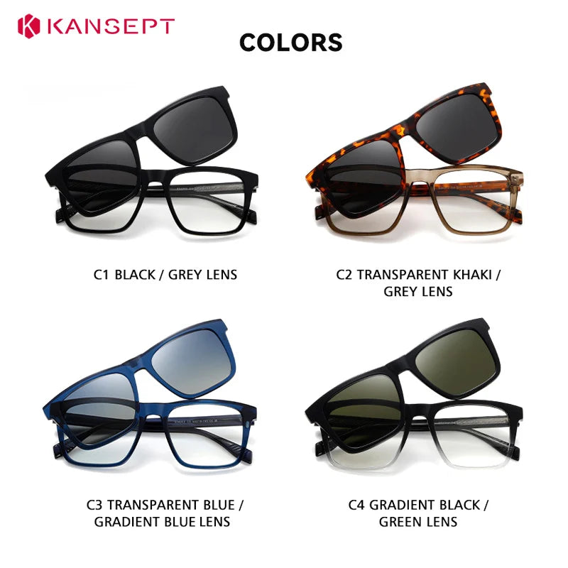 Kansept Unisex Full Rim Square Tr 90 Alloy Reading Glasses Clip On Sunglasses 34202