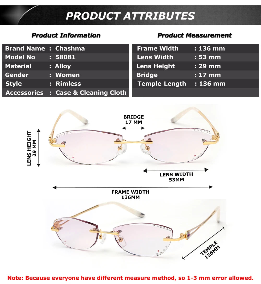 Chashma Ottica Women's Rimless Oval Cat Eye Titanium Eyeglasses 958061 Rimless Chashma Ottica