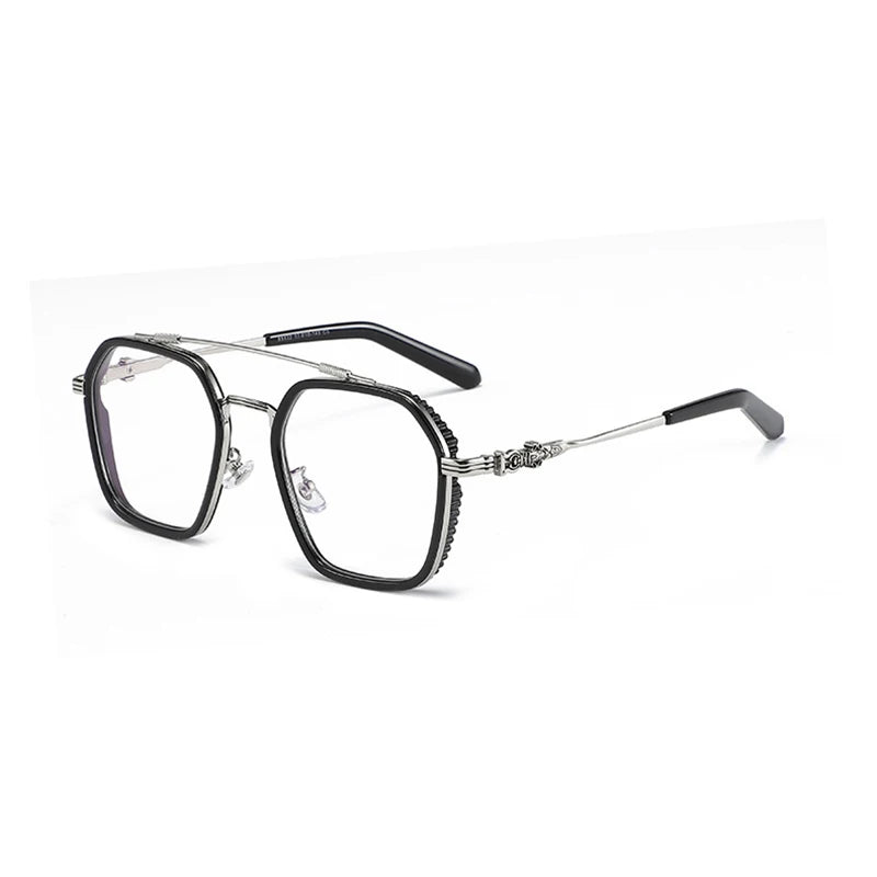 Hdcrafter Men's Full Rim Big Square Double Bridge Titanium Eyeglasses 55132 Full Rim Hdcrafter Eyeglasses Black-Silver  