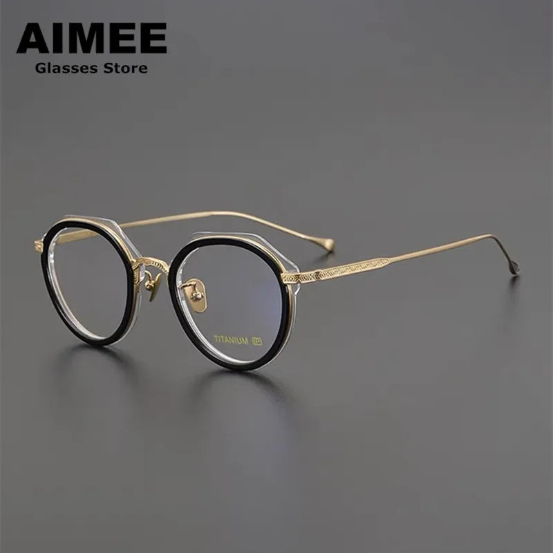 Aimee Unisex Full Rim Flat Top Polygon Titanium Acetate Eyeglasses 13849 Full Rim Aimee Black-Golden  