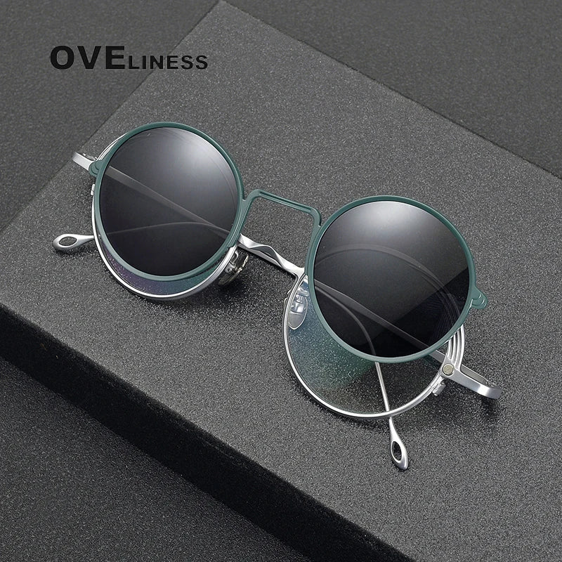 Oveliness Unisex Full Rim Round Titanium Eyeglasses Clip On Sunglasses 42618 With Clip Ons Oveliness