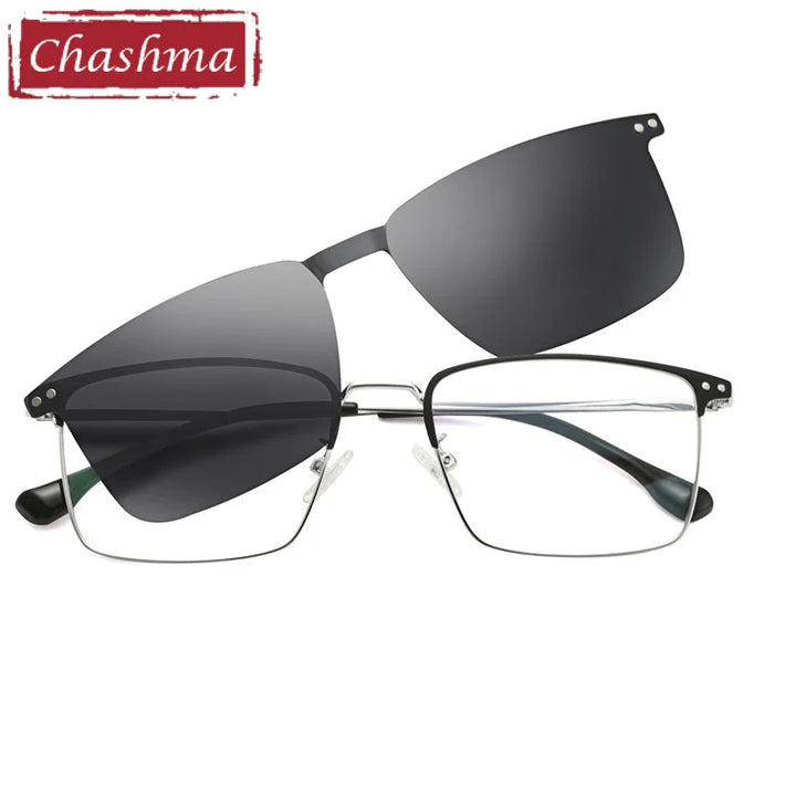 Chashma Ottica Unisex Full Rim Square Alloy Eyeglasses Clip On Sunglasses 940162