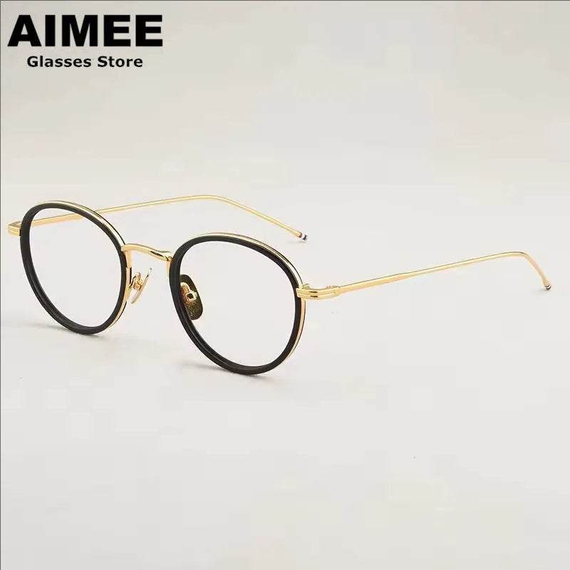 Aimee Unisex Full Rim Round Titanium and Acetate Eyeglasses tb905 - Black-Golden