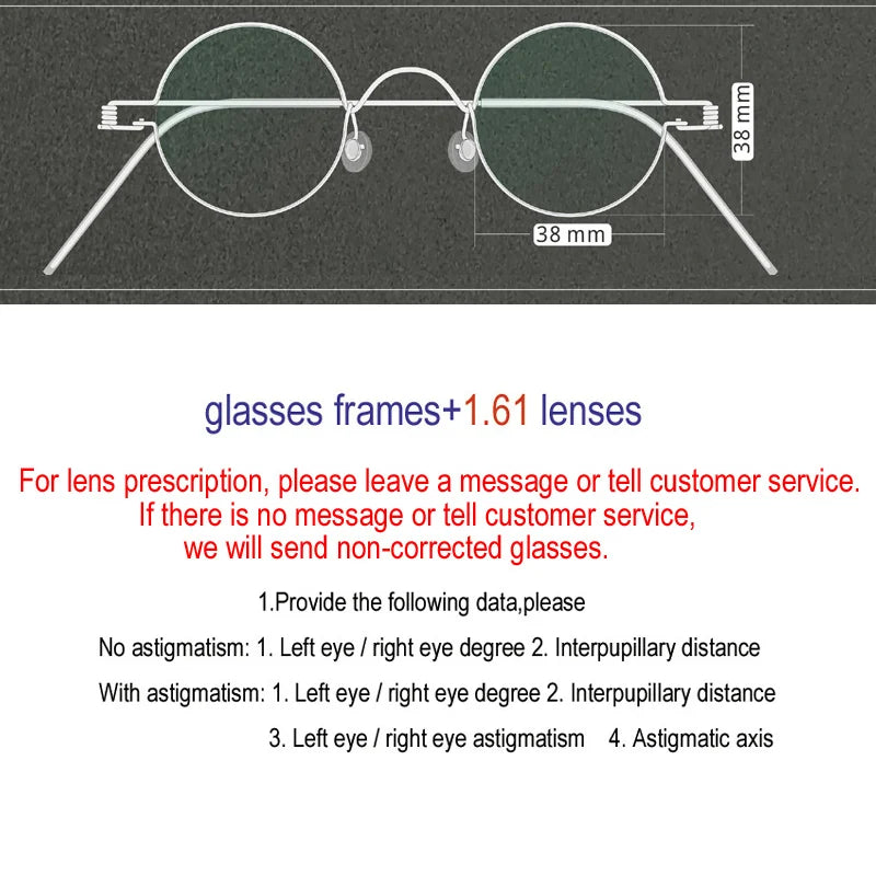 Yujo Unisex Full Rim Round Screwless Stainless Steel Eyeglasses 15032 Full Rim Yujo diameter38mm CHINA