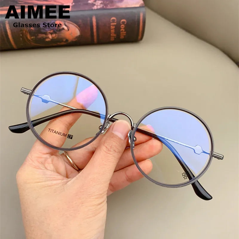 Aimee Unisex Full Rim Round Acetate Titanium Eyeglasses 365505