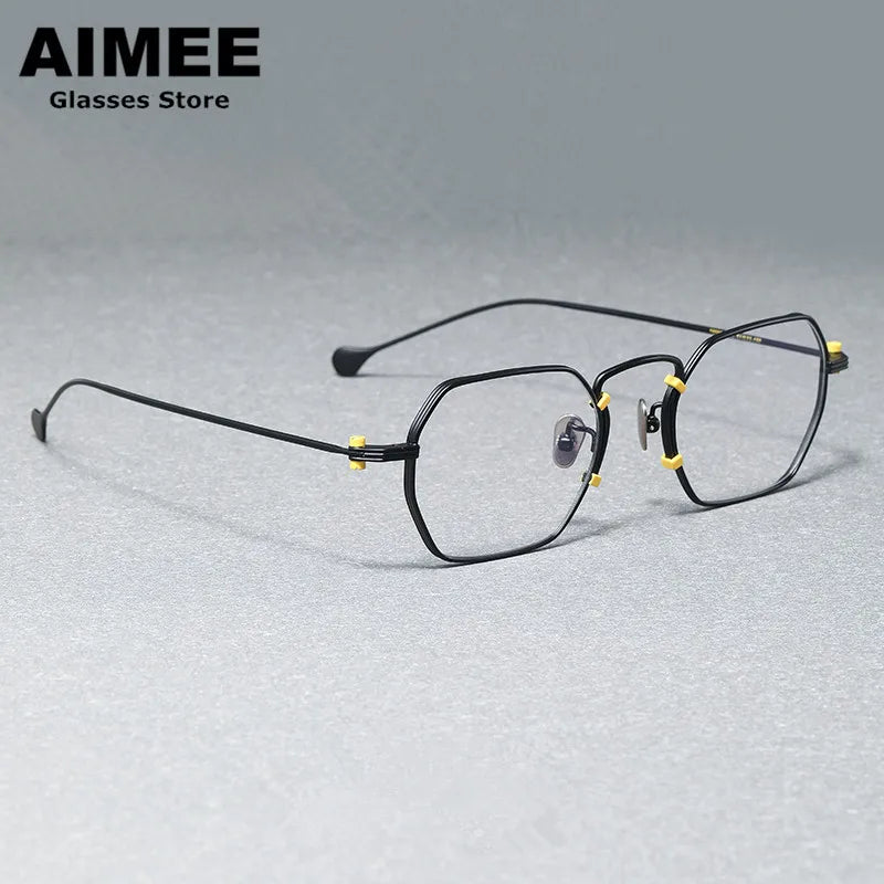 Aimee Unisex Full Rim Flat Top Polygon Titanium Eyeglasses 190069 Full Rim Aimee Black-Yellow  