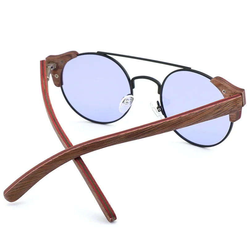 Hdcrafter Unisex Full Rim Round Alloy Wood Sunglasses 56229 Sunglasses HdCrafter Sunglasses   