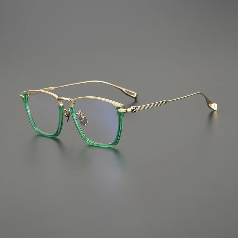 Black Mask Unisex Full Rim Square Titanium Acetate Eyeglasses 24015 Full Rim Black Mask Green-Gold  