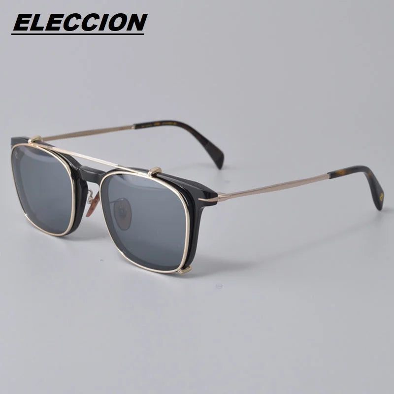 Eleccion Unisex Full Rim Square Acetate Titanium Eyeglasses Clip On Sunglasses 41037