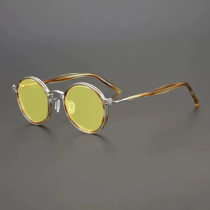 Gatenac Unisex Full Rim Round Polarized Acetate Titanium Sunglasses Mo10  FuzWeb  Flax Yellow  