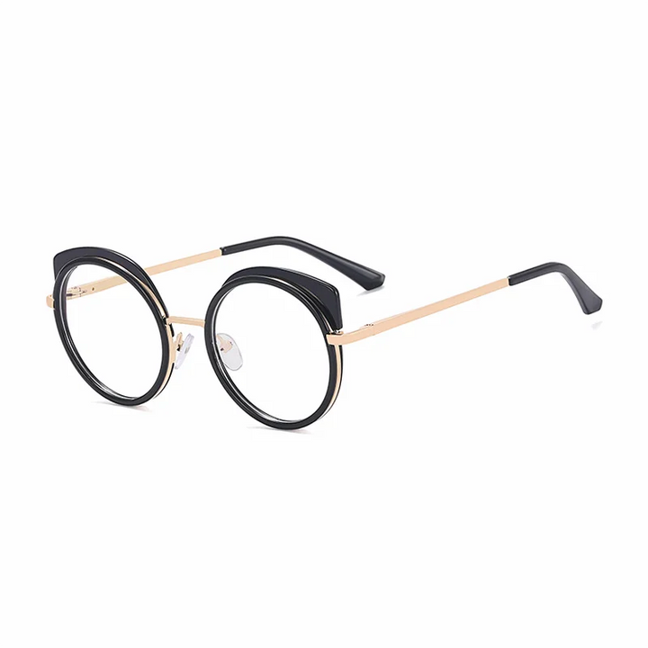 Ralferty Women's Full Rim Round Cat Eye Alloy Eyeglasses R81089 Full Rim Ralferty C4 ShinyBlack CHINA 