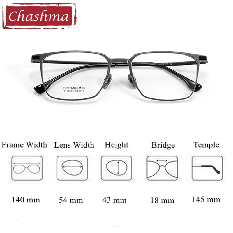 Chashma Ochki Men's Full Rim Square Titanium Eyeglasses Clip On Sunglasses 888002