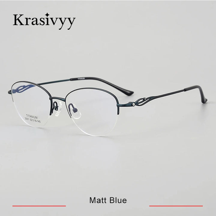 Krasivyy Women's Semi Rim Oval Cat Eye Titanium Eyeglasses 443001 Semi Rim Krasivyy Matt Blue  