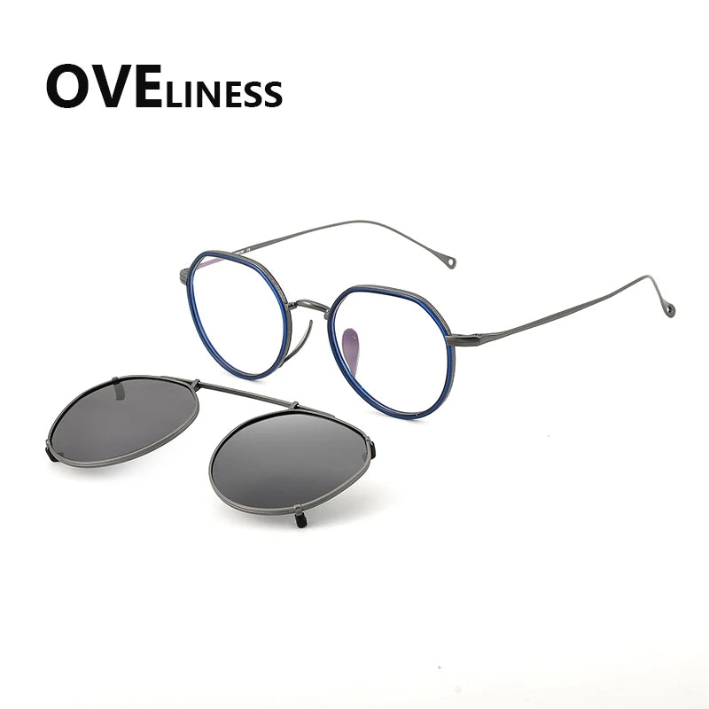 Oveliness Women's Full Rim Polygon Titanium Eyeglasses Clip On Sunglasses 77311