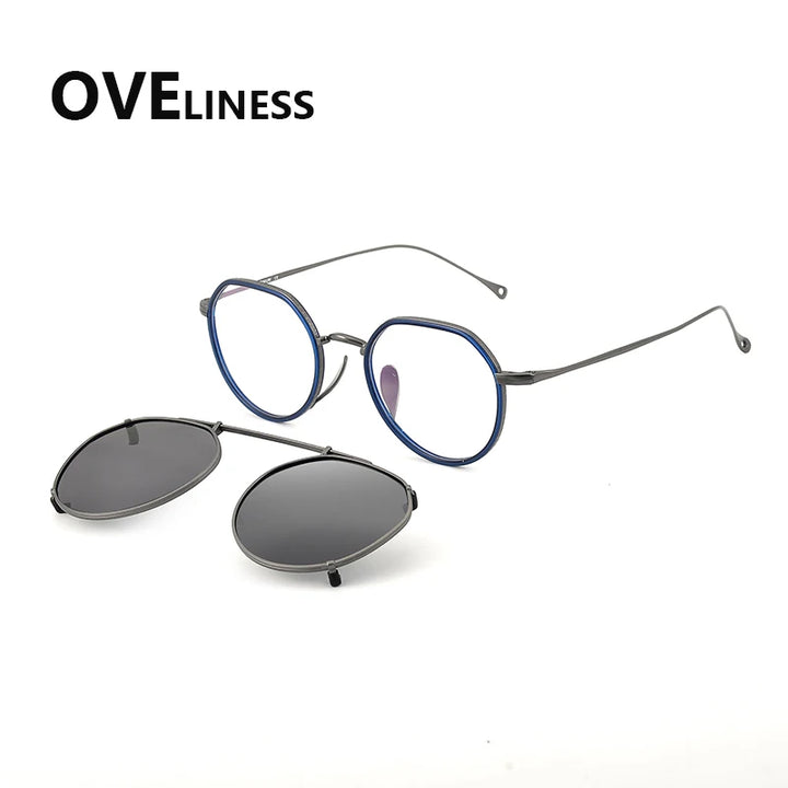 Oveliness Women's Full Rim Polygon Titanium Eyeglasses Clip On Sunglasses 77311