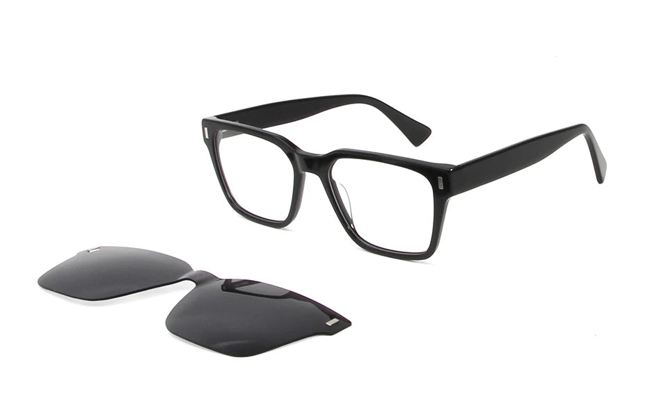 Esnbie Men's Full Rim Square Acetate Eyeglasses Clip On Sunglasses 811211