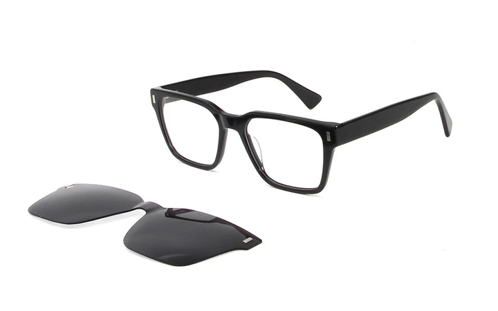 Esnbie Men's Full Rim Square Acetate Eyeglasses Clip On Sunglasses 811211