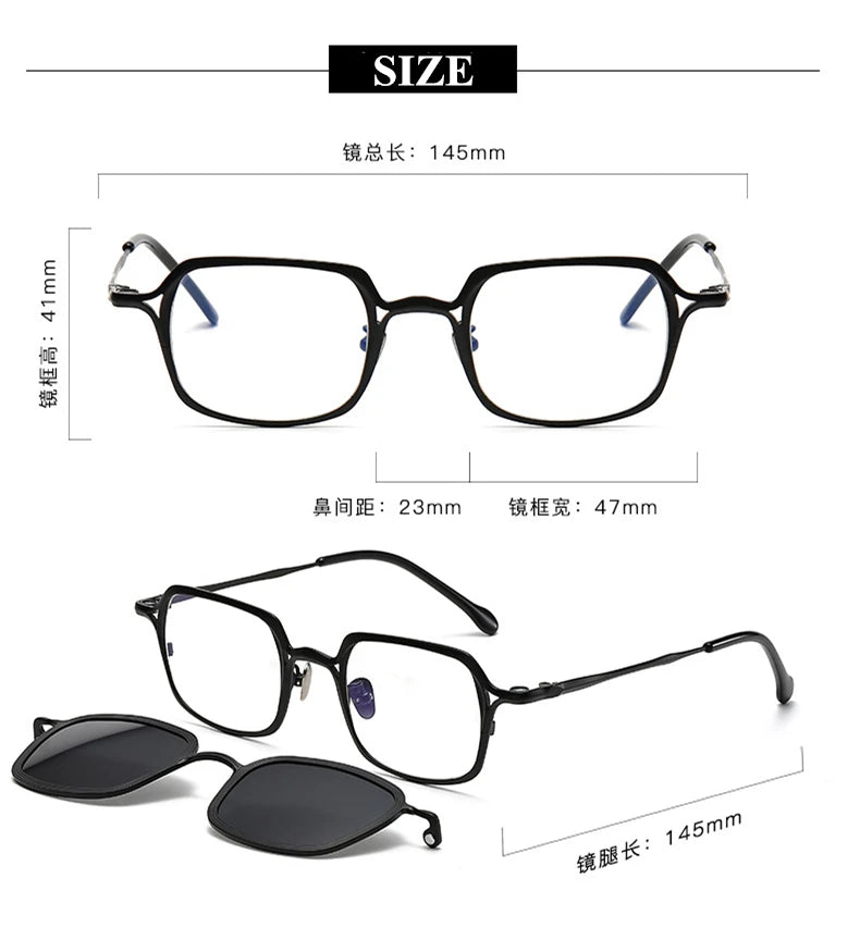 Black Mask Unisex Full Rim Square Titanium Eyeglasses Clip On Sunglasses