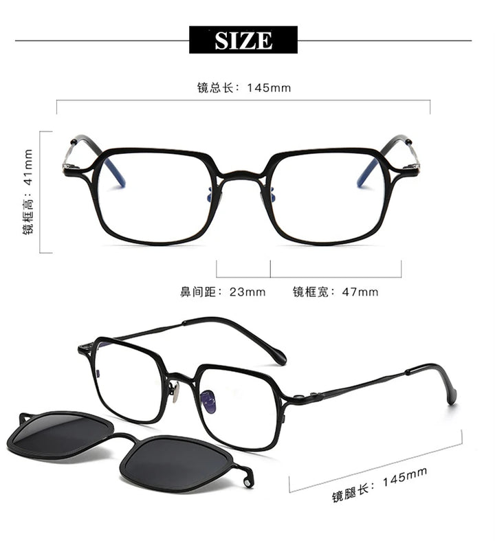 Black Mask Unisex Full Rim Square Titanium Eyeglasses Clip On Sunglasses