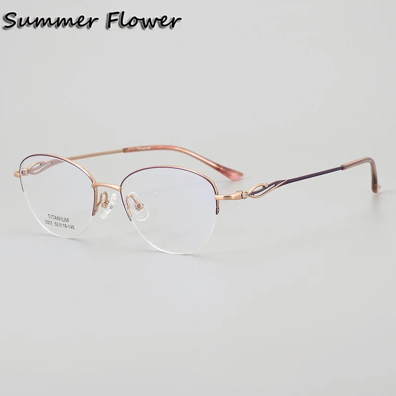 Summer Flower Unisex Semi Rim Oval Titanium Eyeglasses 83001 Semi Rim Summer Flower Purple-Rose Gold