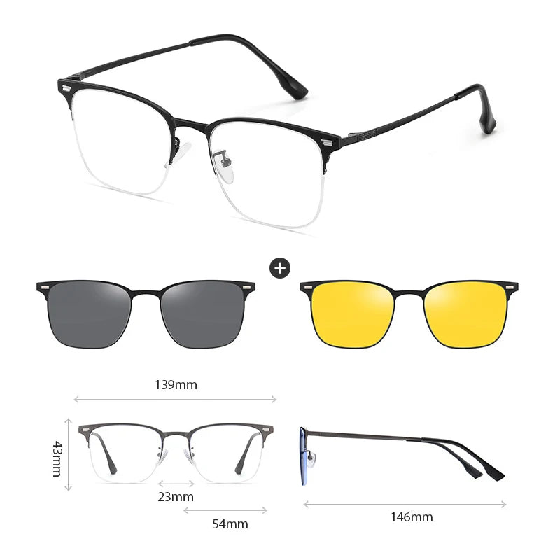 Hdcrafter Women's Full Rim Square Double Bridge Titanium Tr 90 Eyeglasses Clip On Sunglasses 414819