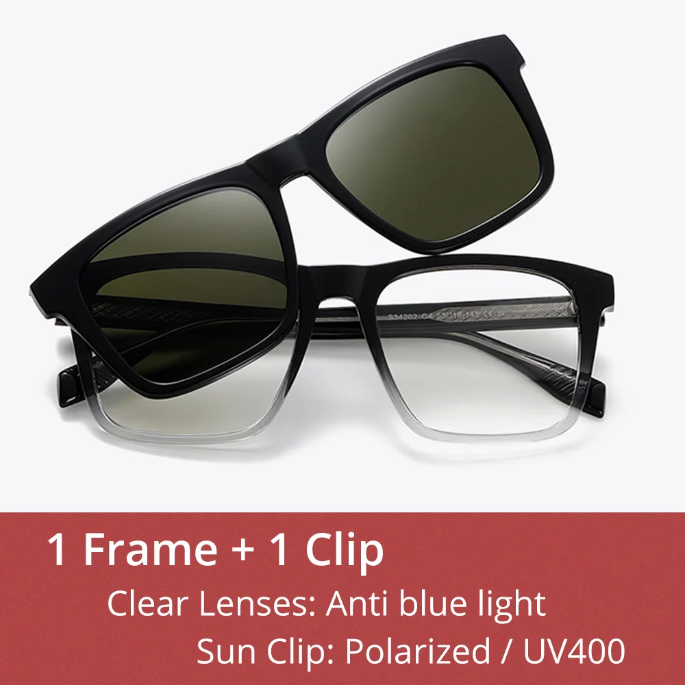 Ralferty Unisex Full Rim Square Tr 90 Alloy Eyeglasses Clip On Sunglasses 334202