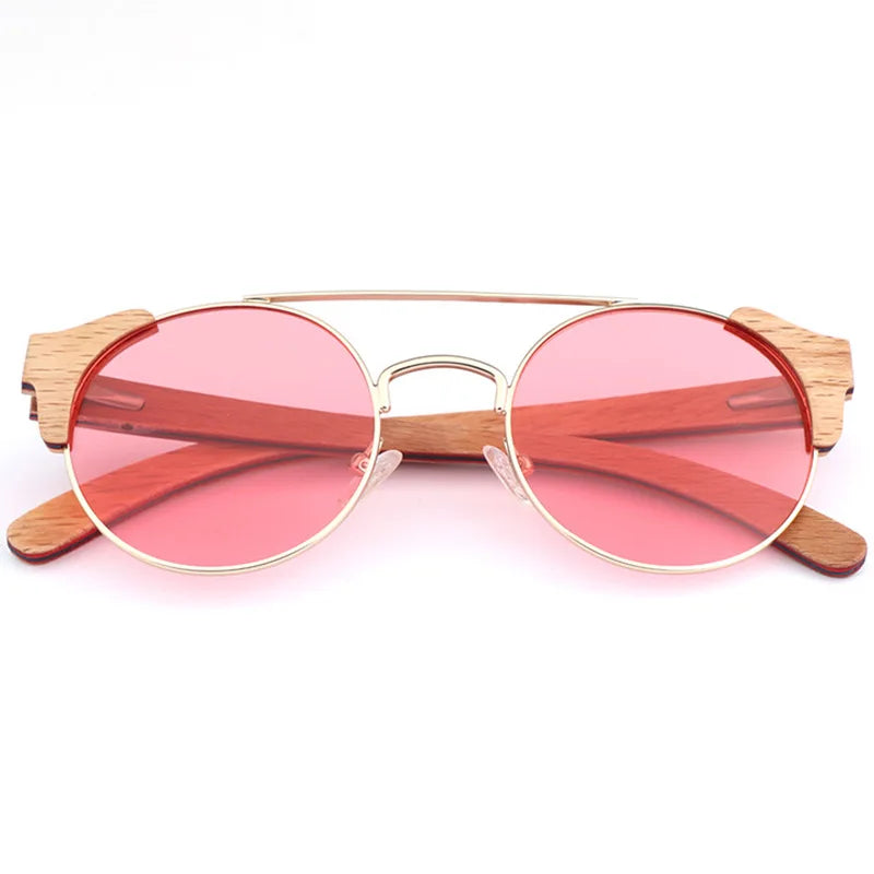 Hdcrafter Unisex Full Rim Round Alloy Wood Sunglasses 56229 Sunglasses HdCrafter Sunglasses Pink  