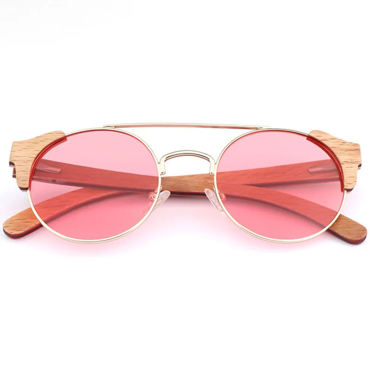 Hdcrafter Unisex Full Rim Round Alloy Wood Sunglasses 56229 Sunglasses HdCrafter Sunglasses Pink  