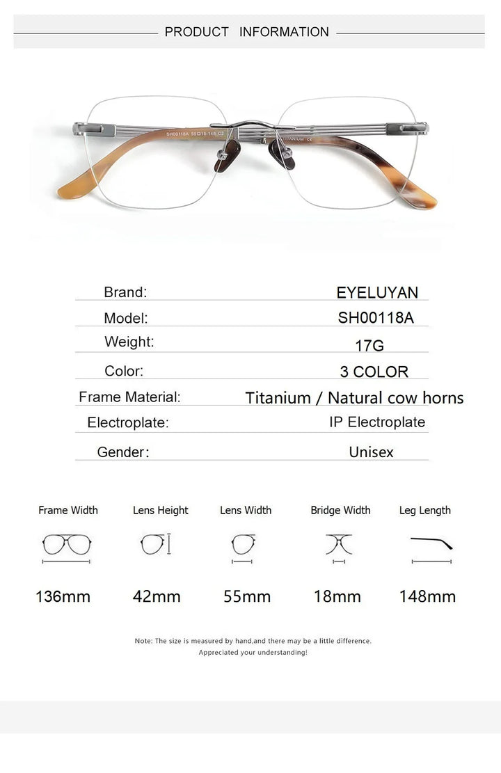 Eleccion Women's Rimless Square Titanium Horn Temple Eyeglasses 942118 Rimless Eleccion