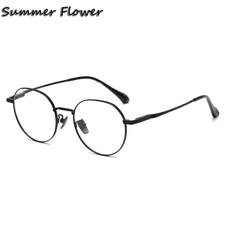 Summer Flower Women's Full Rim Flat Top Round Titanium Eyeglasses 861008 Full Rim Summer Flower Black