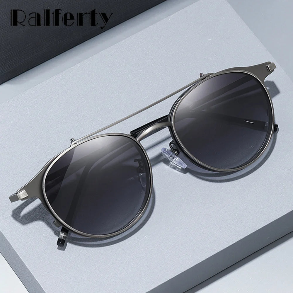 Ralferty Men's Full Rim Round Alloy Eyeglasses Flip Up Sunglasses R702 With Clip Ons Ralferty   