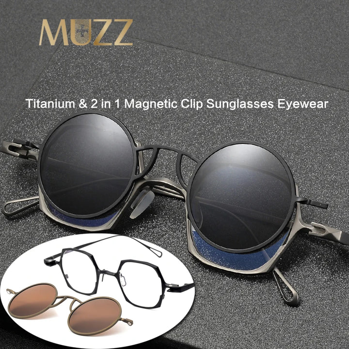 Muzz Unisex Full Rim Square Titanium Eyeglasses Round Clip On Sunglasses 41921 With Clip Ons Muzz