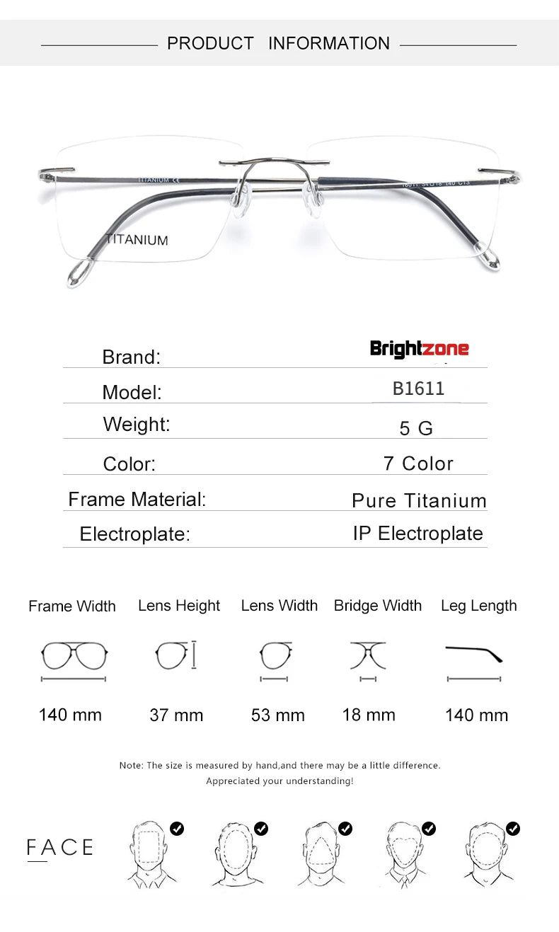 Brightzone Unisex Rimless Square Polygon Titanium Eyeglasses 71611 Rimless Brightzone