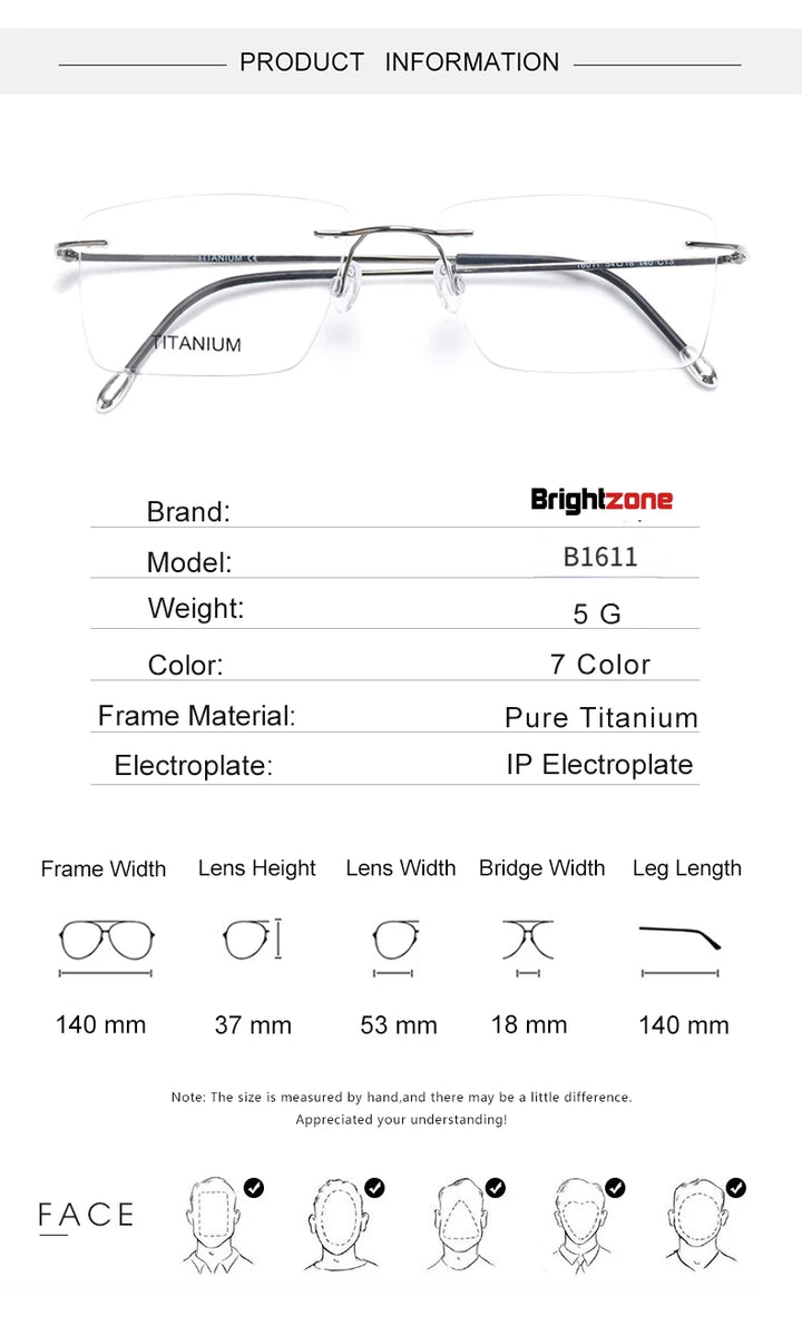 Brightzone Unisex Rimless Square Polygon Titanium Eyeglasses 71611 Rimless Brightzone