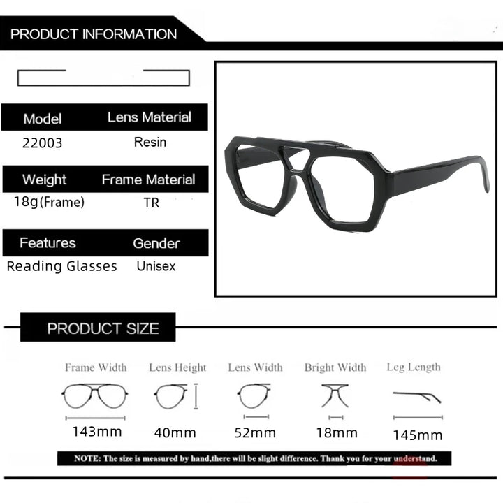 Kocolior Unisex Full Rim Polygon Double Bridge Tr 90 Reading Glasses 220033