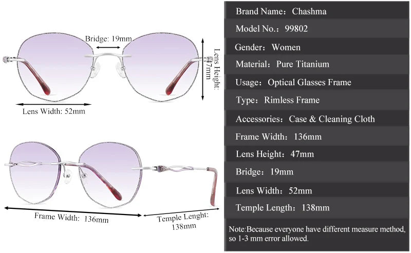 Chashma Ottica Women's Rimless Oval Round Titanium Eyeglasses 99802 Rimless Chashma Ottica