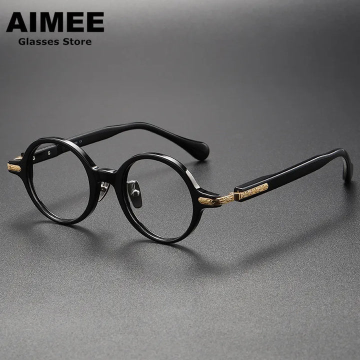 Aimee Unisex Full Rim Round Titanium Acetate Eyeglasses 80854 Full Rim Aimee Black-Golden  