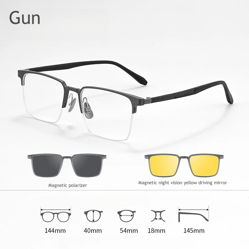 KatKani Men's Semi Rim Square Titanium Eyeglasses  6626 With Clip On Sunglasses Semi Rim KatKani Eyeglasses GUN  