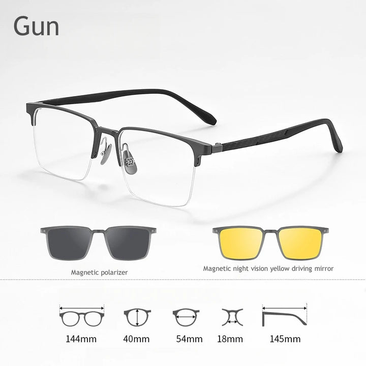KatKani Men's Semi Rim Square Titanium Eyeglasses  6626 With Clip On Sunglasses Semi Rim KatKani Eyeglasses GUN  