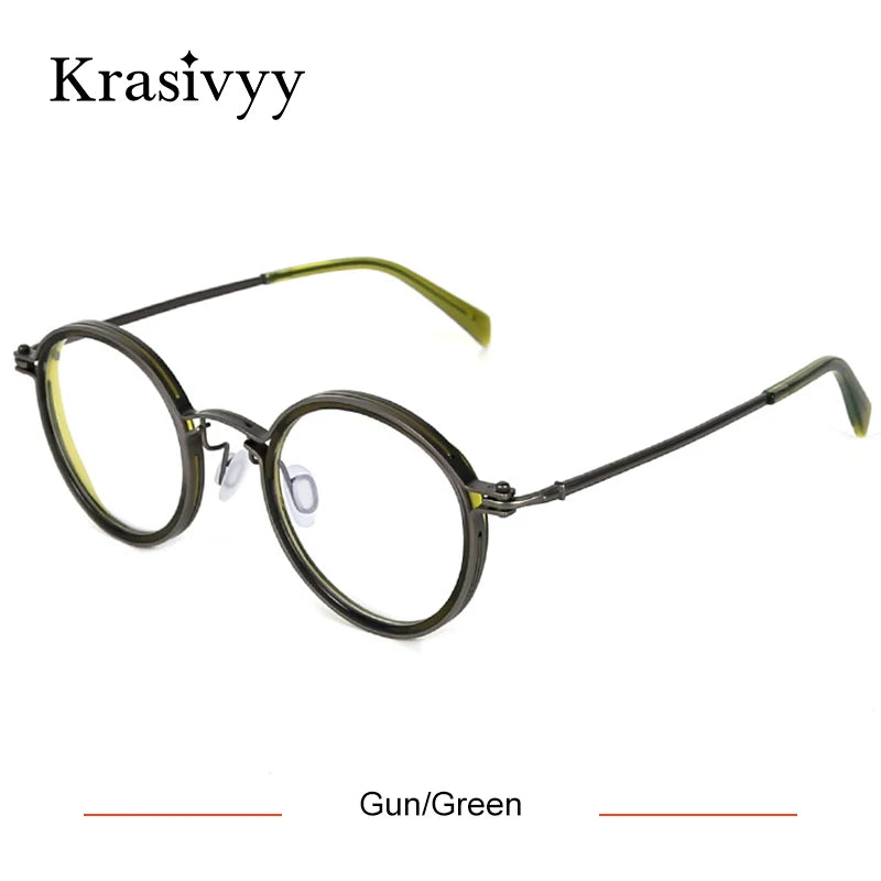 Krasivyy Unisex Full Rim Round Titanium Acetate Eyeglasses 5860 Full Rim Krasivyy Gun Green  