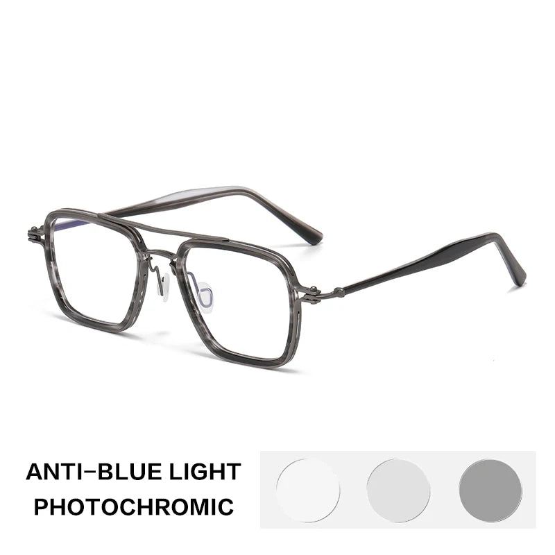 Gatenac Unisex Full Rim Big Square Double Bridge Acetate Titanium Photochromic Reading Glasses 58753