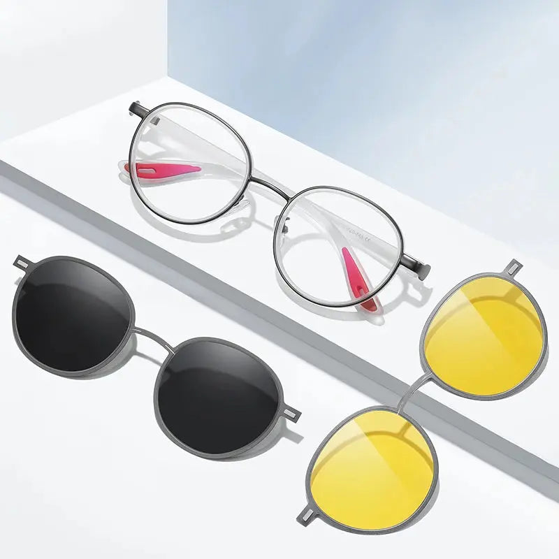 Gmei 773001 Unisex Full Rim Round Alloy Frames With Clip On Sunglasses FuzWeb