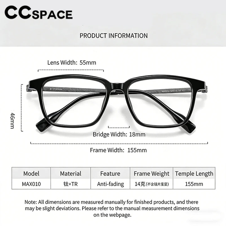CCspace Unisex Full Rim Big Square Tr 90 Titanium Eyeglasses 314987