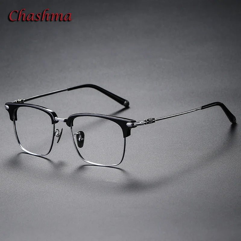 Chashma Ochki Unisex Full Rim Square Acetate Titanium Eyeglasses 19339 Full Rim Chashma Ochki Black Silver  