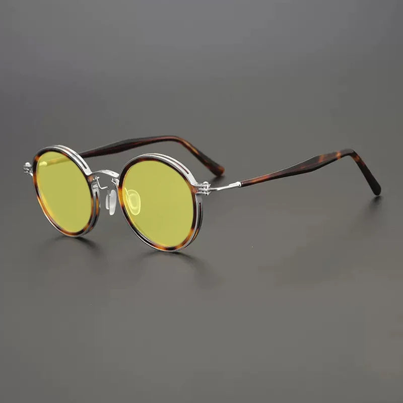 Gatenac Unisex Full Rim Round Polarized Acetate Titanium Sunglasses Mo10  FuzWeb  Silver Yellow  