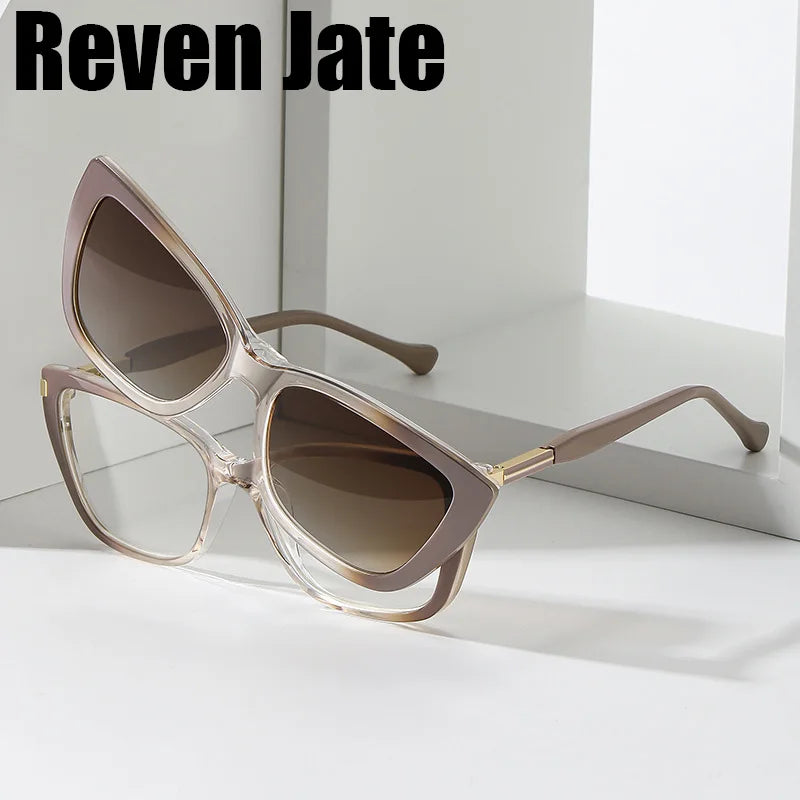 Reven Jate Women's Full Rim Square Tr 90 Alloy Eyeglasses Clip On Sunglasses 382288